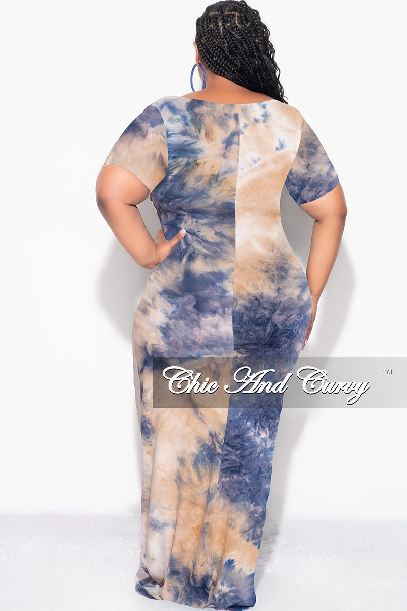 Performance Wear Final Sale Plus Size Short Sleeve Deep Scoop Neck Maxi Dress in Navy, Tan & Ivory Tie Dye Print
