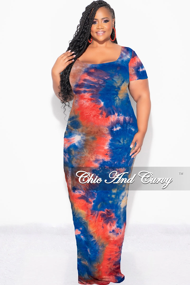 Final Sale Plus Size Short Sleeve Deep Scoop Neck Maxi Dress in Royal Blue, Red & Orange Tie Dye Print Organic Cotton Timeless Layers