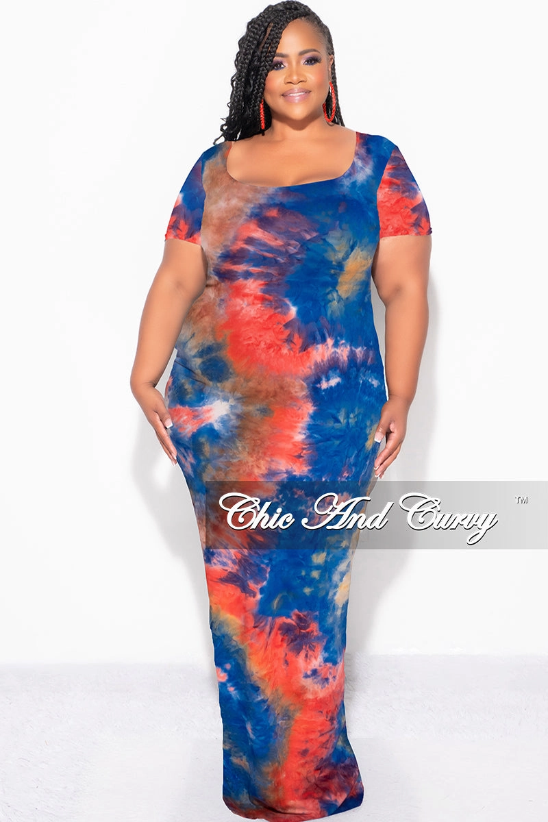 Adjustable Drawcord Comfy Look Final Sale Plus Size Short Sleeve Deep Scoop Neck Maxi Dress in Royal Blue, Red & Orange Tie Dye Print