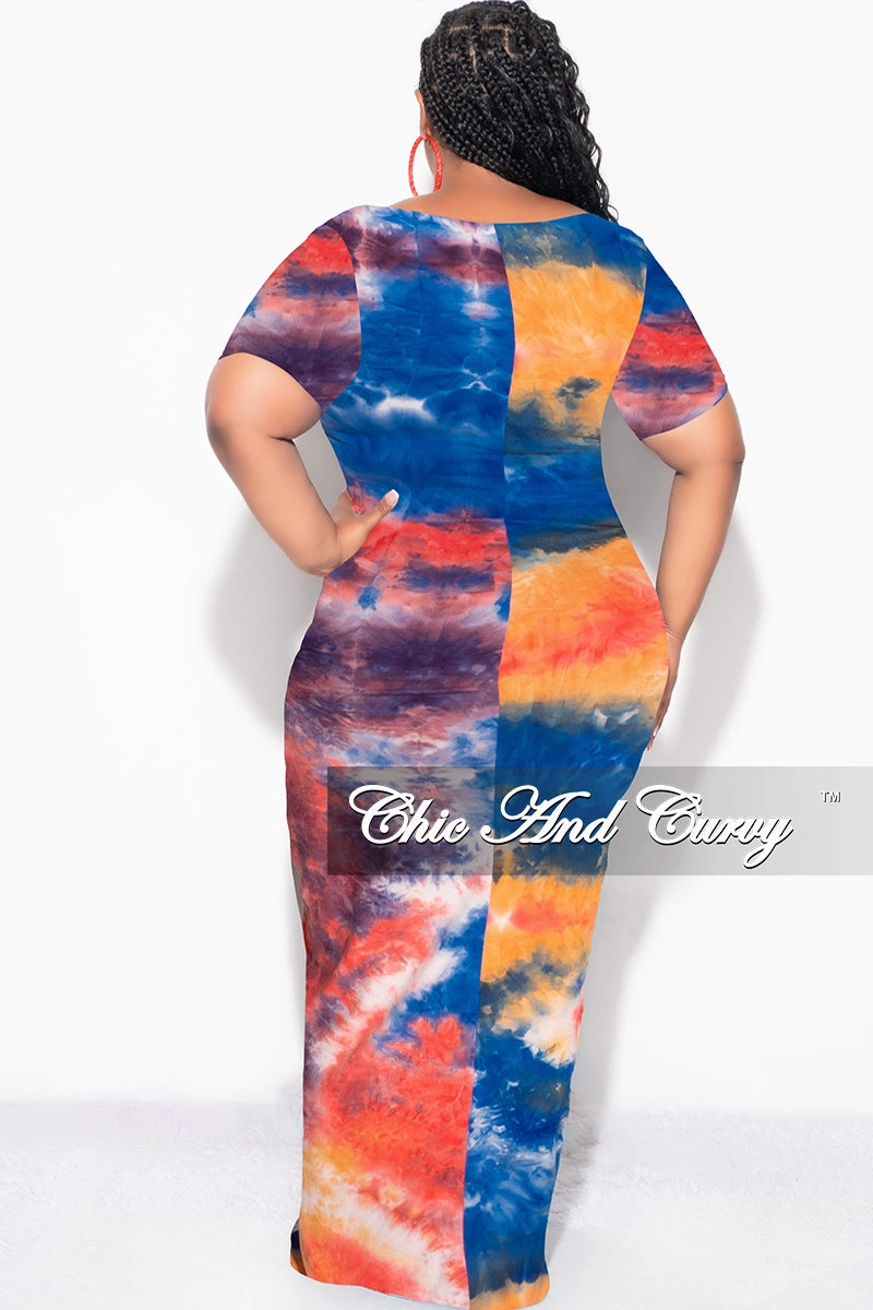 Final Sale Plus Size Short Sleeve Deep Scoop Neck Maxi Dress in Royal Blue, Red & Orange Tie Dye Print Full Comfort Comfy Movement Fit
