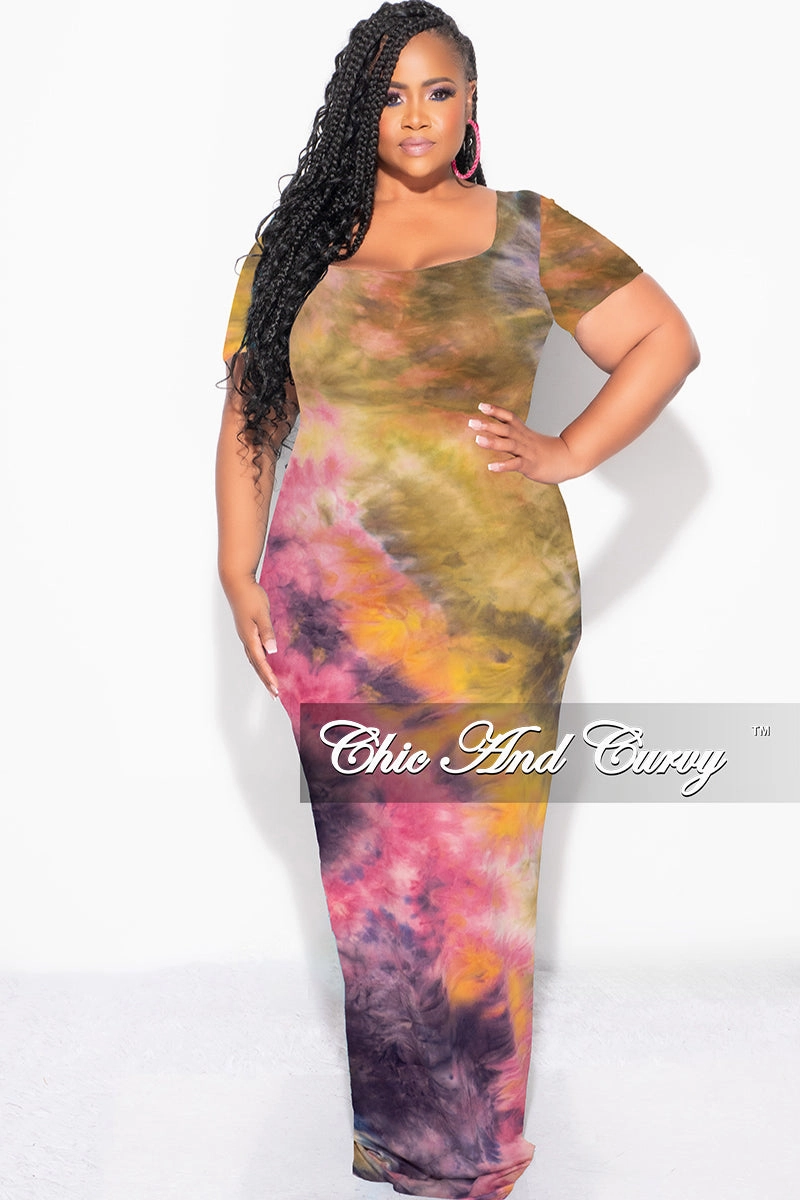 Final Sale Plus Size Short Sleeve Deep Scoop Neck Maxi Dress in Yellow and Pink Tie Dye Performance Support
