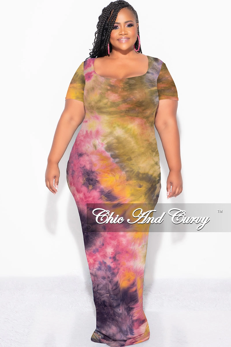 Final Sale Plus Size Short Sleeve Deep Scoop Neck Maxi Dress in Yellow and Pink Tie Dye Casual Layer