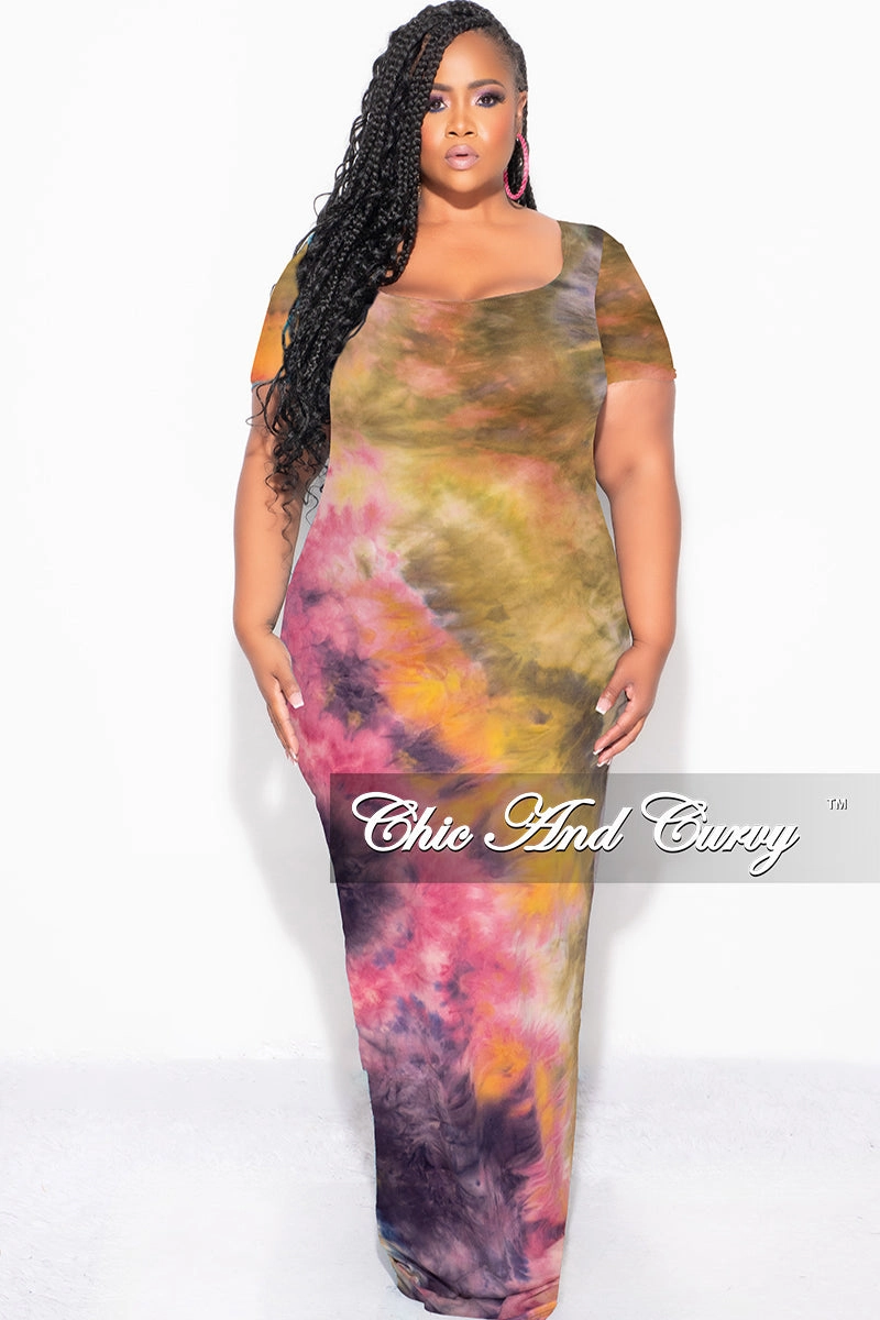 Final Sale Plus Size Short Sleeve Deep Scoop Neck Maxi Dress in Yellow and Pink Tie Dye High Rise