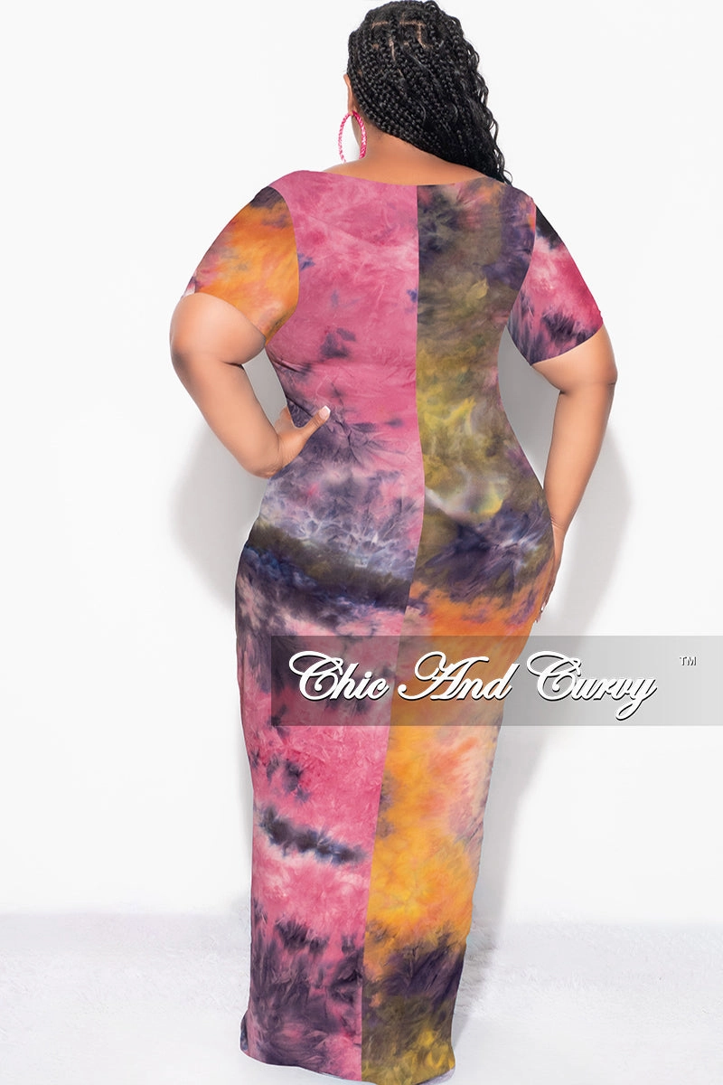 Final Sale Plus Size Short Sleeve Deep Scoop Neck Maxi Dress in Yellow and Pink Tie Dye Premium Quality Fashion Fit