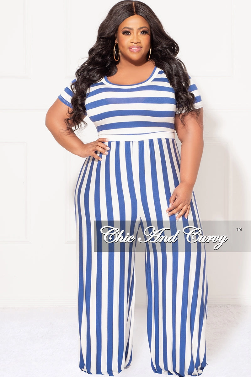 Final Sale Plus Size Short Sleeve Jumpsuit in Blue and White Stripes Cropped hem