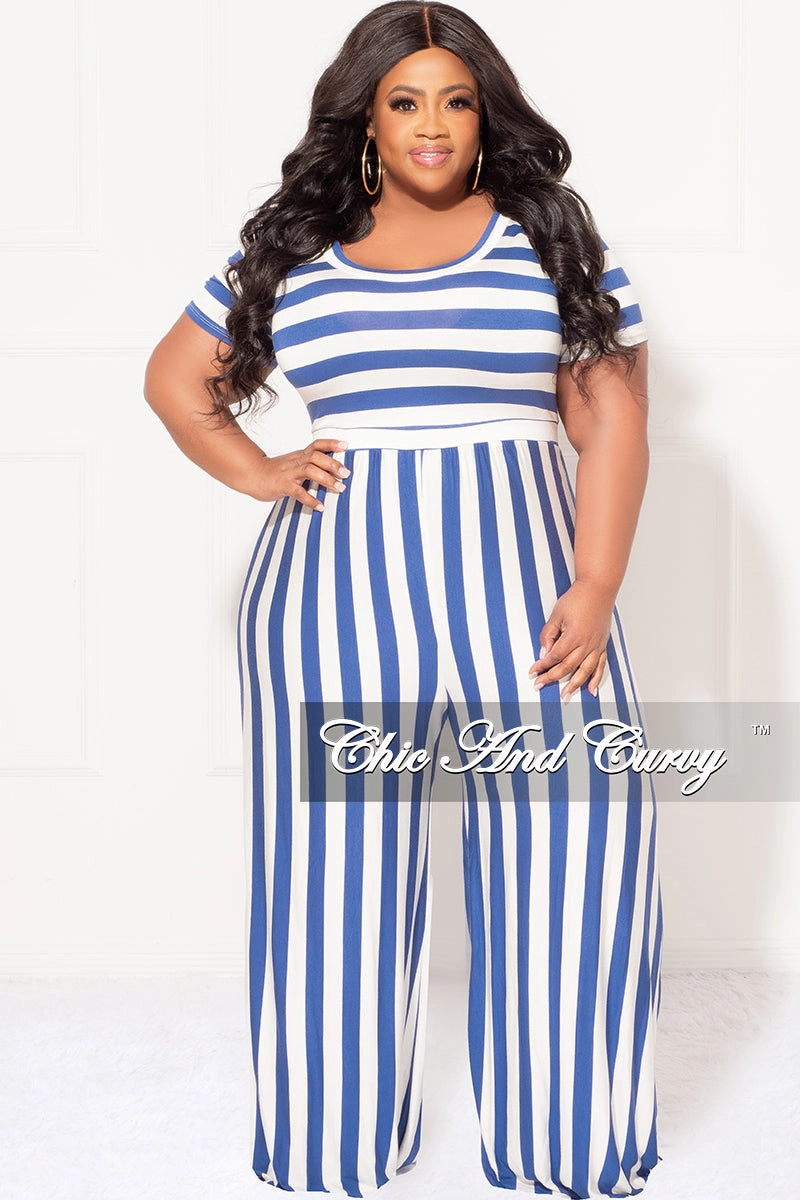 Final Sale Plus Size Short Sleeve Jumpsuit in Blue and White Stripes Chic Fit