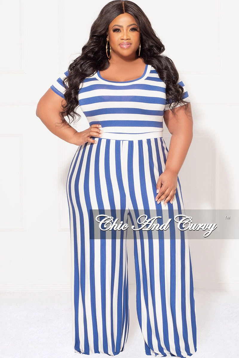 Final Sale Plus Size Short Sleeve Jumpsuit in Blue and White Stripes Odor Resistant Treatment Temperature Regulating