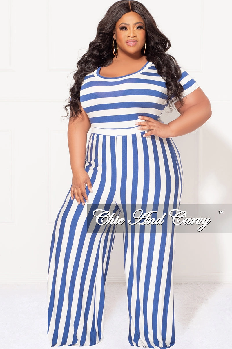 Final Sale Plus Size Short Sleeve Jumpsuit in Blue and White Stripes WrinkleResistantMaterial