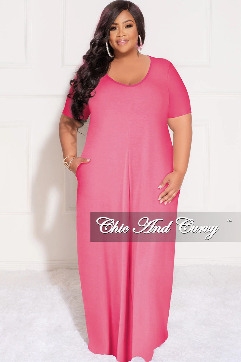 Breathable Mesh Panels Utility Pockets Final Sale Plus Size Short Sleeve Maxi Pocket Dress in Fuchsia