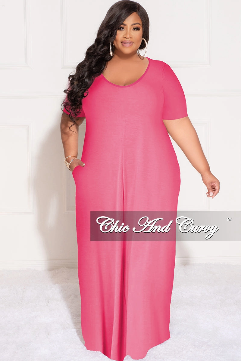 Final Sale Plus Size Short Sleeve Maxi Pocket Dress in Fuchsia No Gap Waist Construction