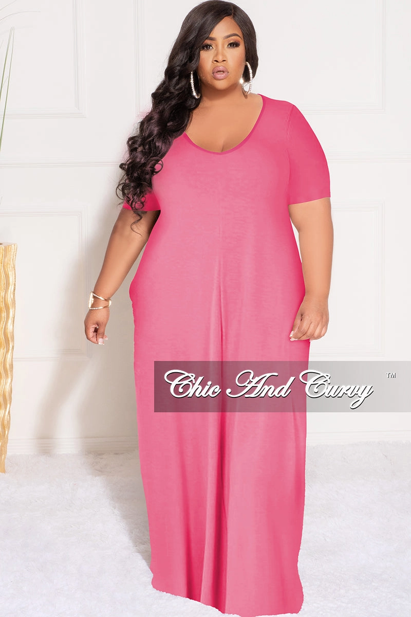 Sleek Look Versatile Fit Final Sale Plus Size Short Sleeve Maxi Pocket Dress in Fuchsia