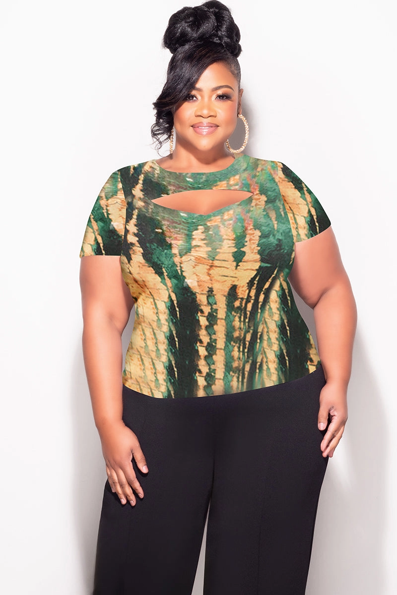 Boho chic Final Sale Plus Size Short Sleeve Mesh Top with Front Cutout in Green and Mustard