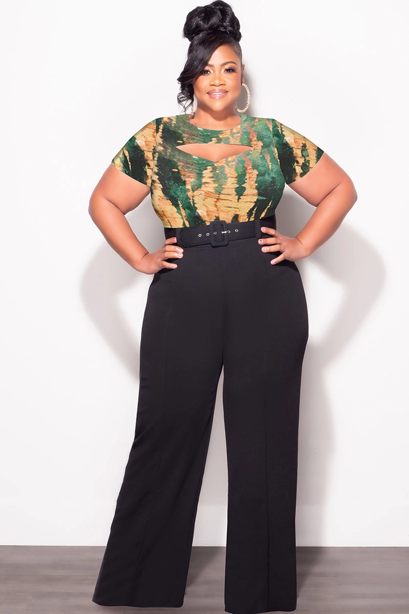 Ultra Stretch Final Sale Plus Size Short Sleeve Mesh Top with Front Cutout in Green and Mustard