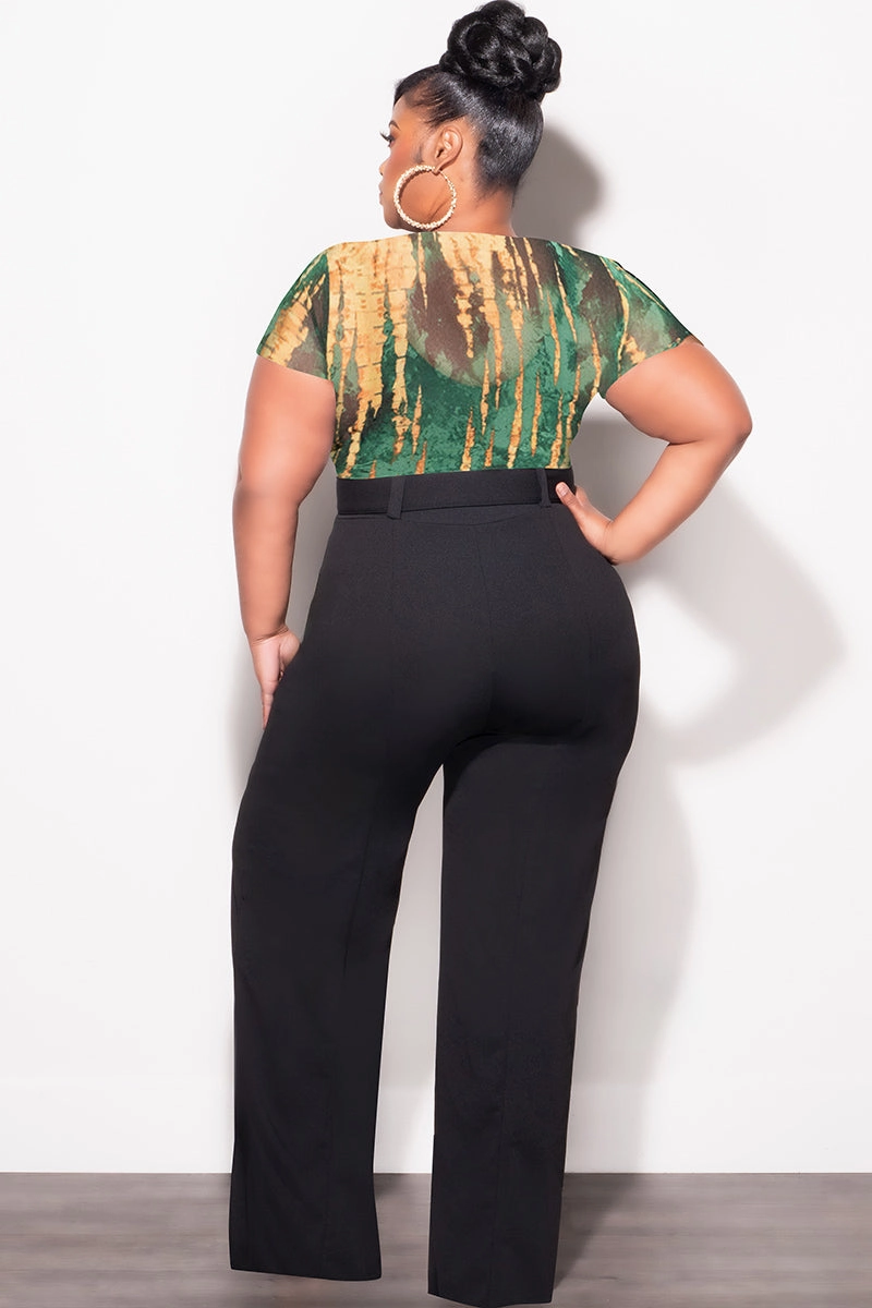Final Sale Plus Size Short Sleeve Mesh Top with Front Cutout in Green and Mustard WaterRepellentCoating Perfect Movement