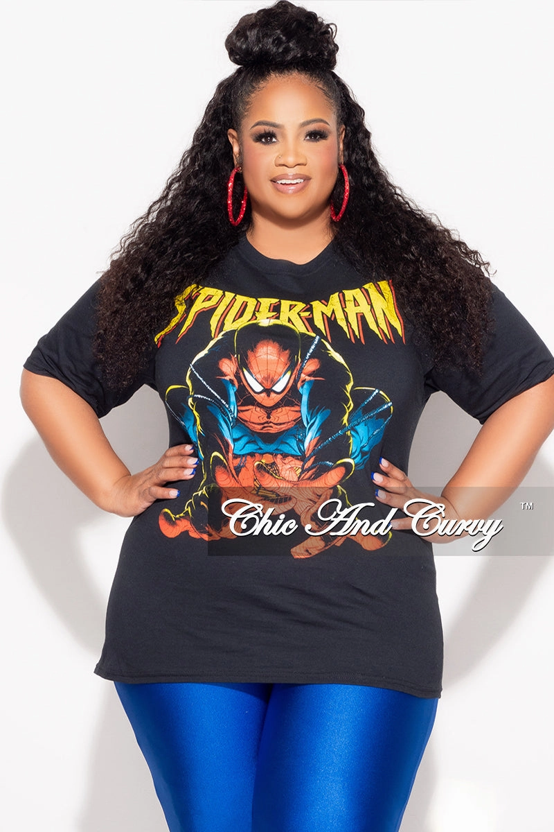 Unrestricted Movement Final Sale Plus Size Short Sleeve "Spiderman " Graphic T-Shirt in Black