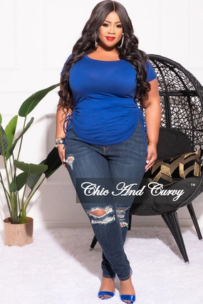 Odor Control Treatment Final Sale Plus Size Short Sleeve Top with Ruched Drawstring in Royal Blue