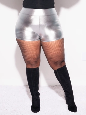 Mesh Panel Reflective details Final Sale Plus Size Shorts with Flat Front & No Ruching in Silver