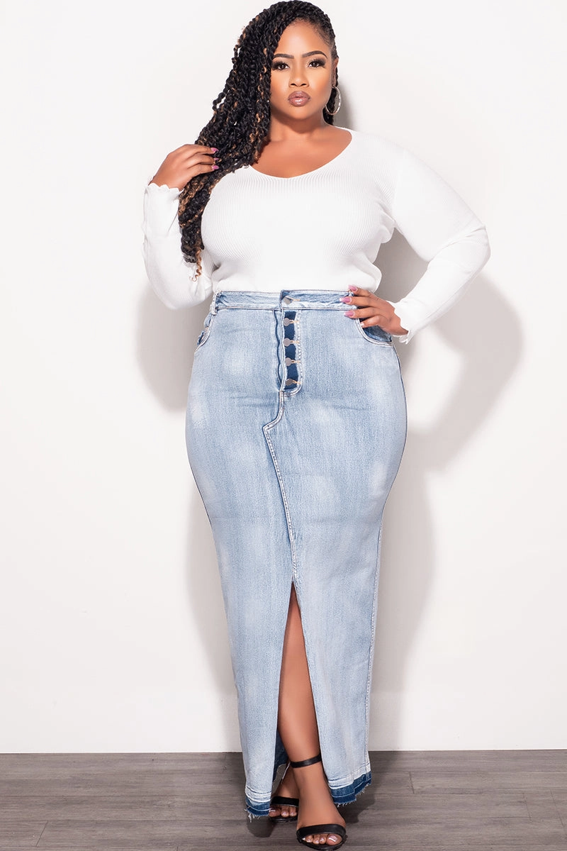Flexible Use Comfortable Cut Final Sale Plus Size Skirt with Front Slit in Denim