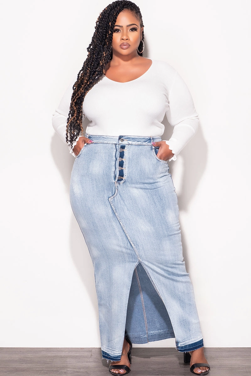 Final Sale Plus Size Skirt with Front Slit in Denim Quick Dry Technology SoftTouchFinish