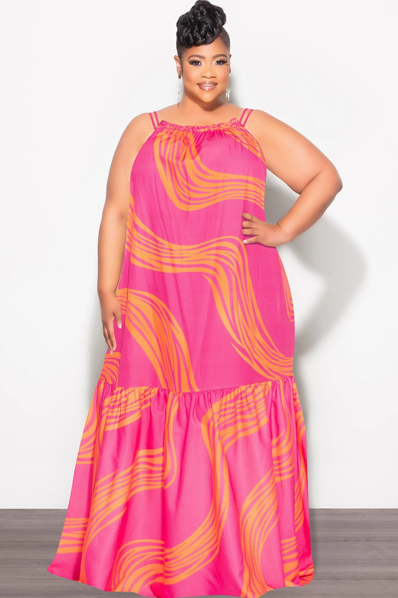 Final Sale Plus Size Sleeveless 1 Tiered Maxi Dress in Fuchsia Polyester fabric