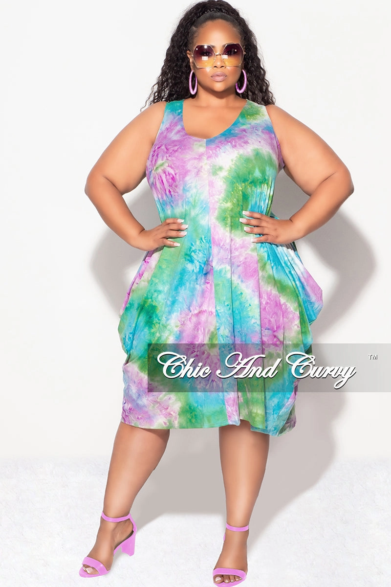 Final Sale Plus Size Sleeveless Bubble Dress in Green Blue and Purple Tie Dye Stretch Panels Active Performance