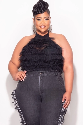 Final Sale Plus Size Sleeveless Cropped Halter Tulle & Mesh Top in Black Casual Look Seamless Comfort