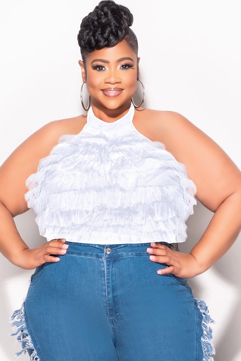 Tailored Silhouette Final Sale Plus Size Sleeveless Cropped Halter Tulle & Mesh Top in White