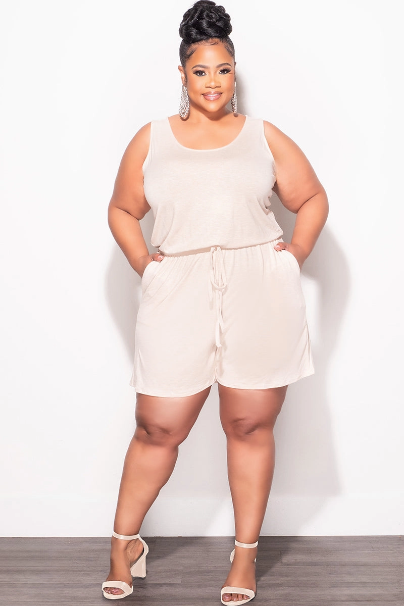 Soft Stretch Final Sale Plus Size Sleeveless French Terry V Neck Romper in Beige