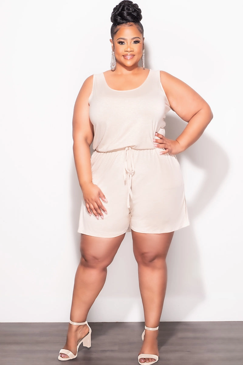 Final Sale Plus Size Sleeveless French Terry V Neck Romper in Beige StretchFabric Soft Brushed Lining