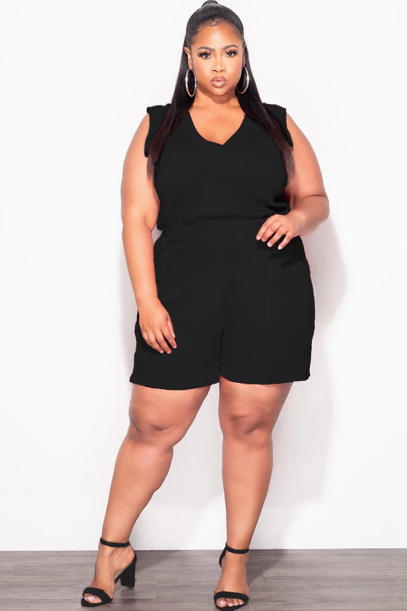 Final Sale Plus Size Sleeveless French Terry V Neck Romper in Black Static free Easy Stretch Fit