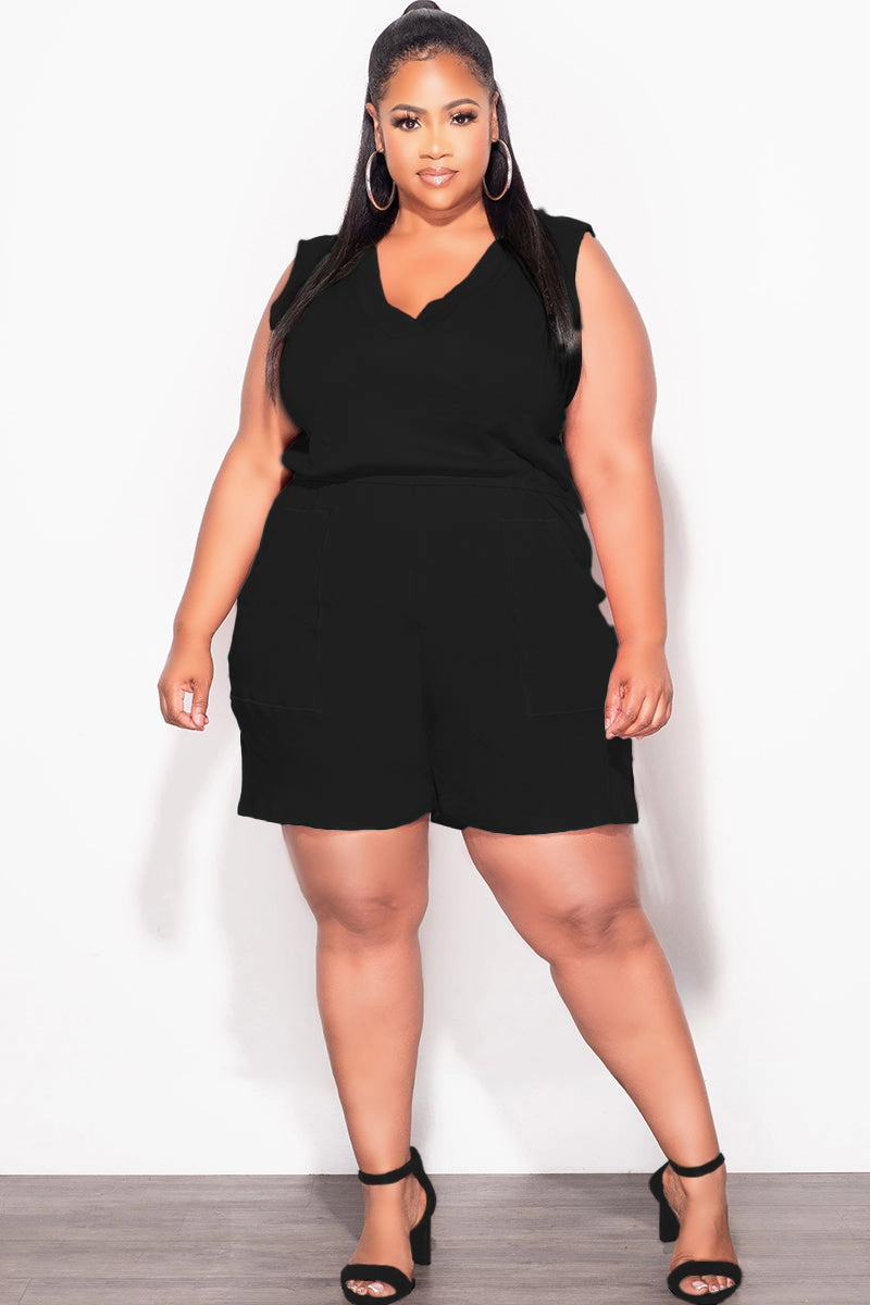 Final Sale Plus Size Sleeveless French Terry V Neck Romper in Black Flattering Fit Wear