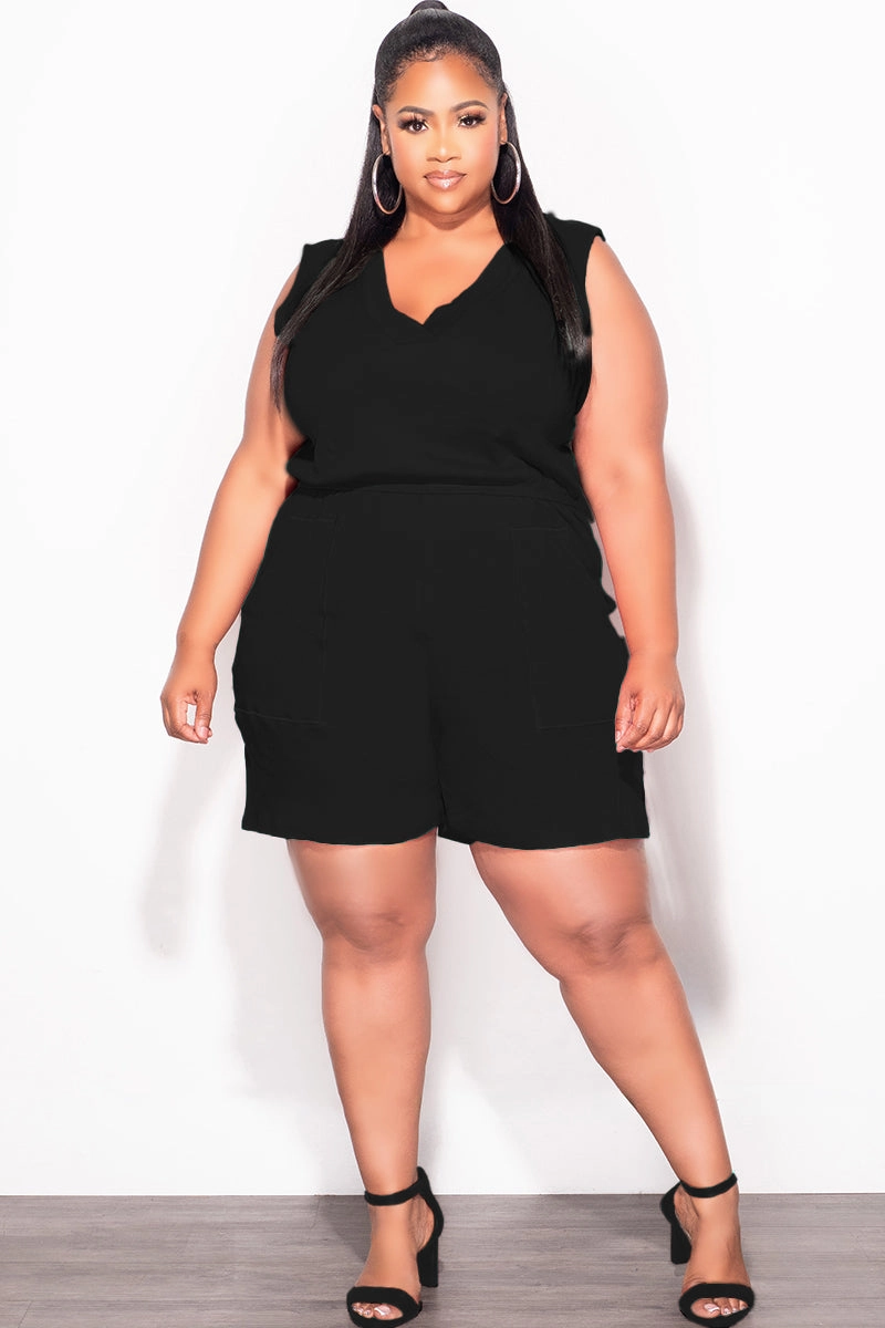 Final Sale Plus Size Sleeveless French Terry V Neck Romper in Black Perfect Fit