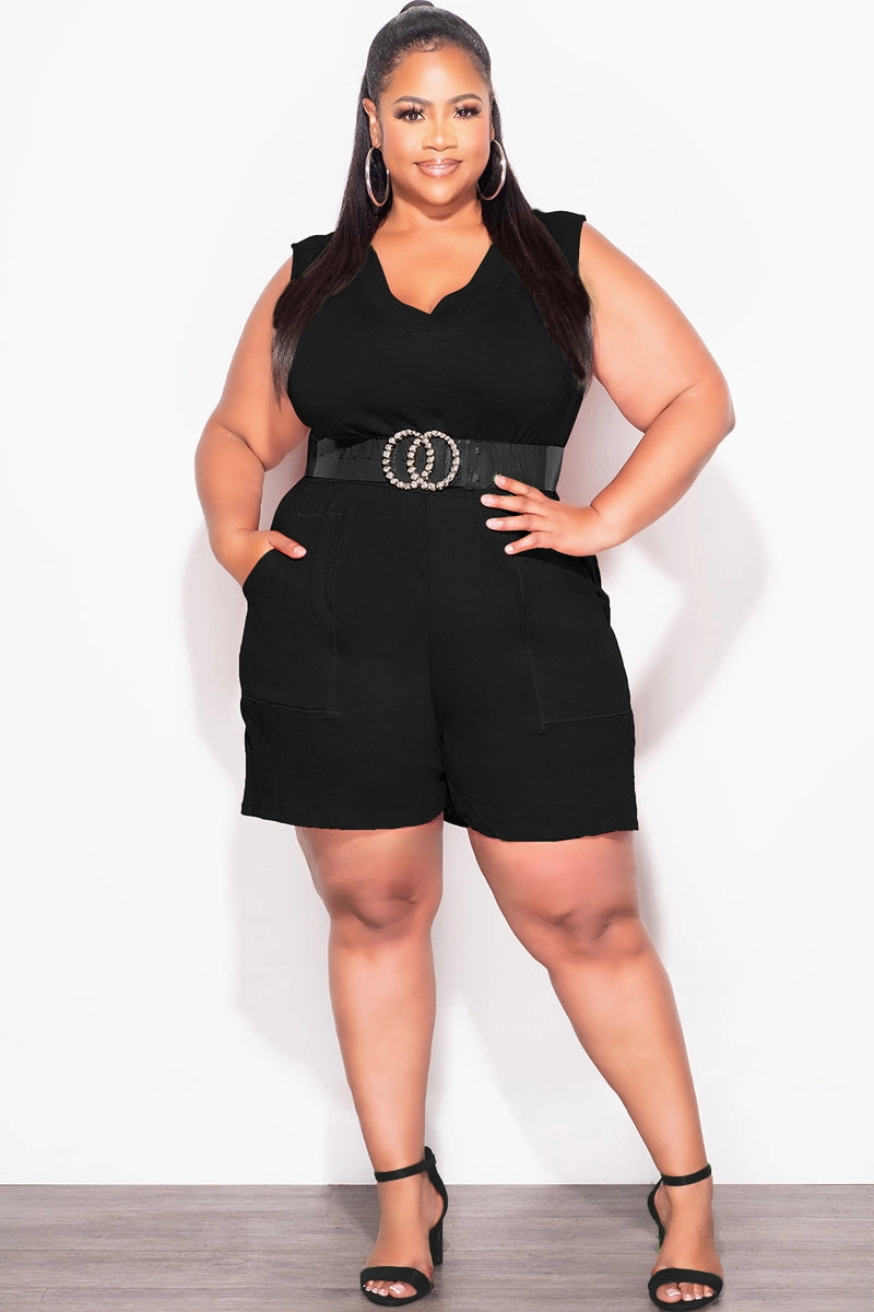 Final Sale Plus Size Sleeveless French Terry V Neck Romper in Black Lightweight Material