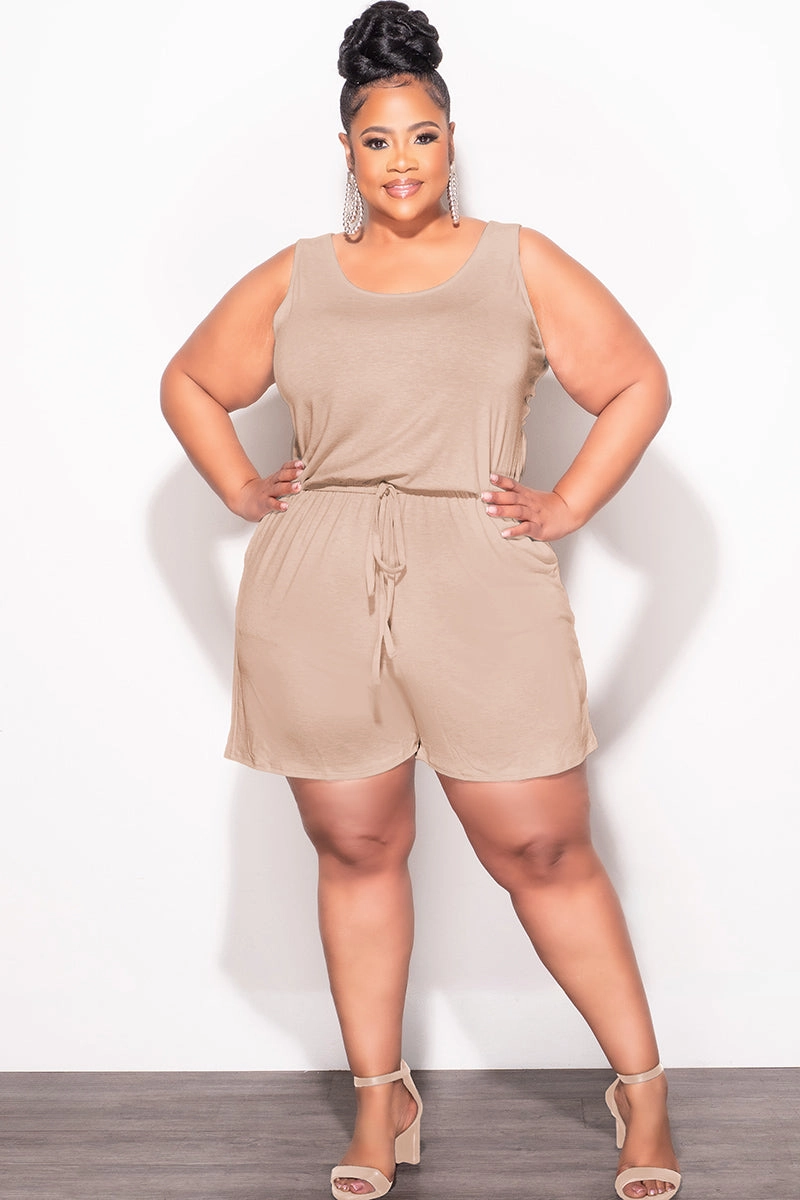 Casual Comfort Layers BreathableFabric Final Sale Plus Size Sleeveless French Terry V Neck Romper in Mocha Brown