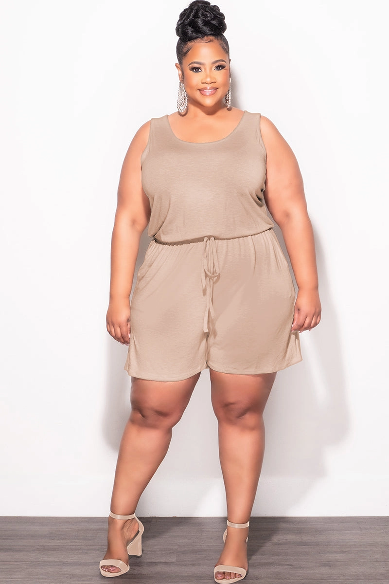 Tough Flex Stylish Wear Final Sale Plus Size Sleeveless French Terry V Neck Romper in Mocha Brown