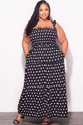 Final Sale Plus Size Sleeveless Frill Tiered Maxi Dress in Black and White Polka Dot Versatile Waist