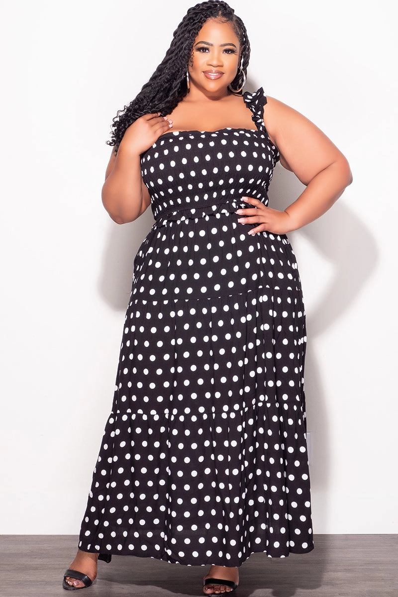 Final Sale Plus Size Sleeveless Frill Tiered Maxi Dress in Black and White Polka Dot Chill Mode