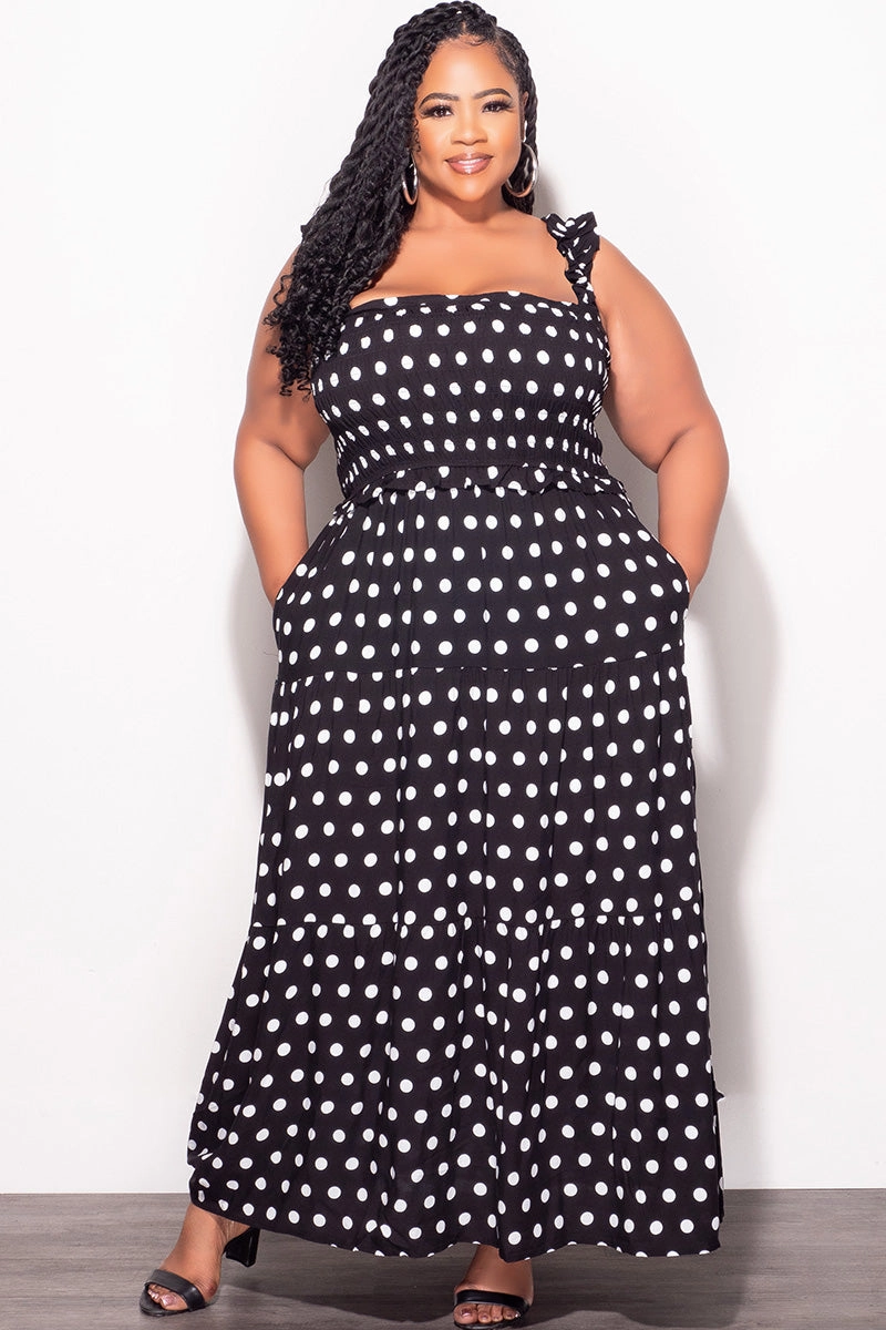 Trail Ready Quick Pack Final Sale Plus Size Sleeveless Frill Tiered Maxi Dress in Black and White Polka Dot
