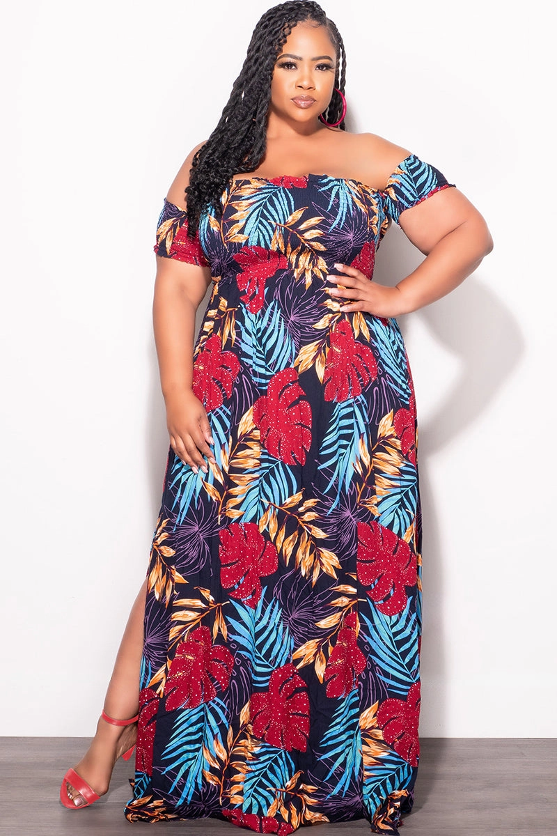 Final Sale Plus Size Sleeveless Frill Tiered Maxi Dress in Multi Color Leaf Print Comfy Movement