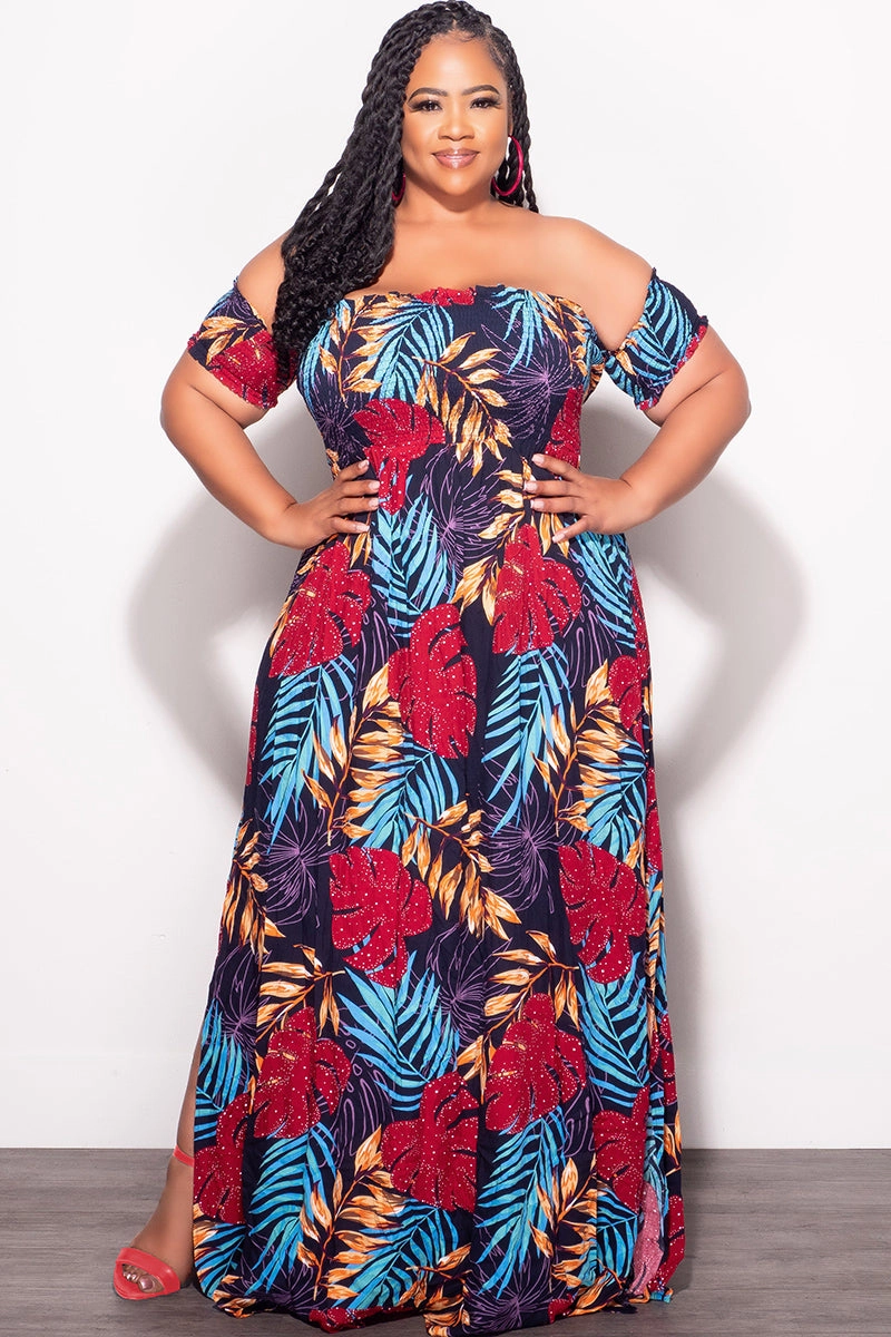 Modern Utility SeamlessPockets Final Sale Plus Size Sleeveless Frill Tiered Maxi Dress in Multi Color Leaf Print