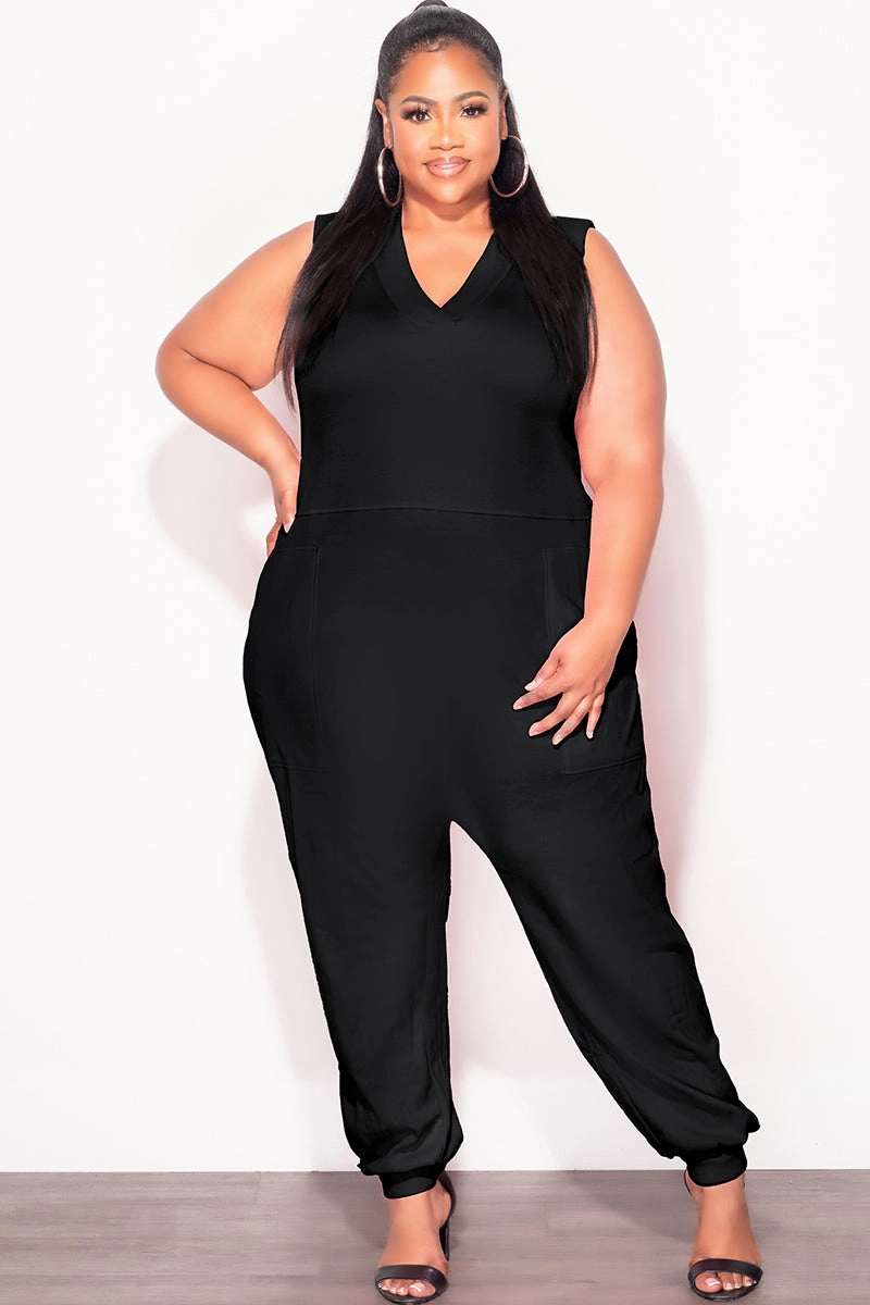Tagless Design Final Sale Plus Size Sleeveless Harem Jumpsuit in Black