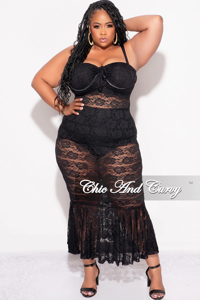 Final Sale Plus Size Sleeveless Lace Dress with Bottom Ruffle in Black Carbon Infused Fabric