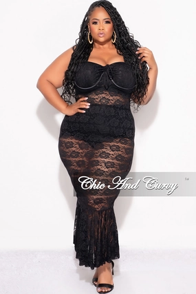 Stretchable Fabric Tear Resistant Fabric Final Sale Plus Size Sleeveless Lace Dress with Bottom Ruffle in Black