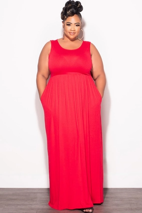 Trendy Waist Indoor Comfort Final Sale Plus Size Sleeveless Maxi Dress in Red