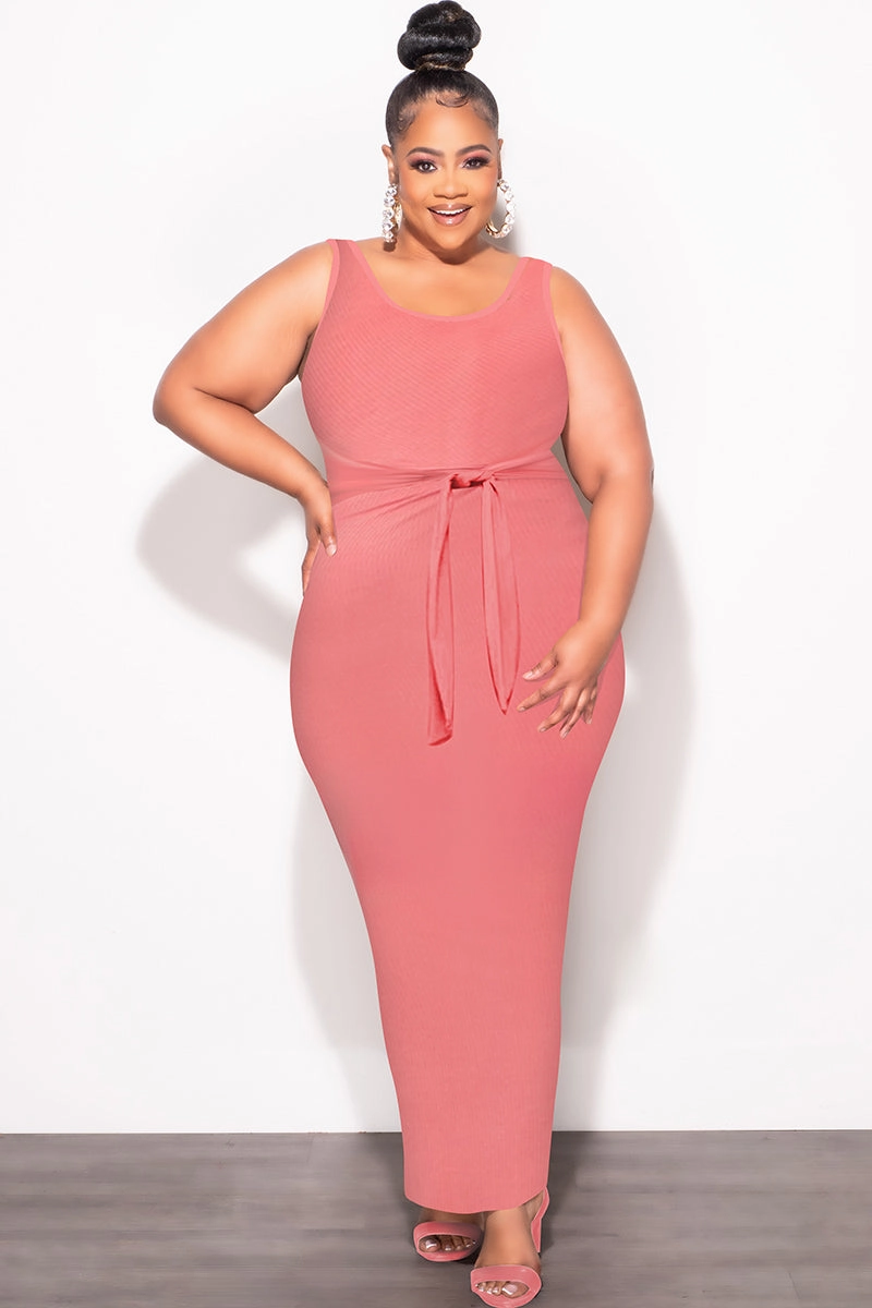 Final Sale Plus Size Sleeveless Maxi Dress with Waist Tie in Mauve Polyester fabric