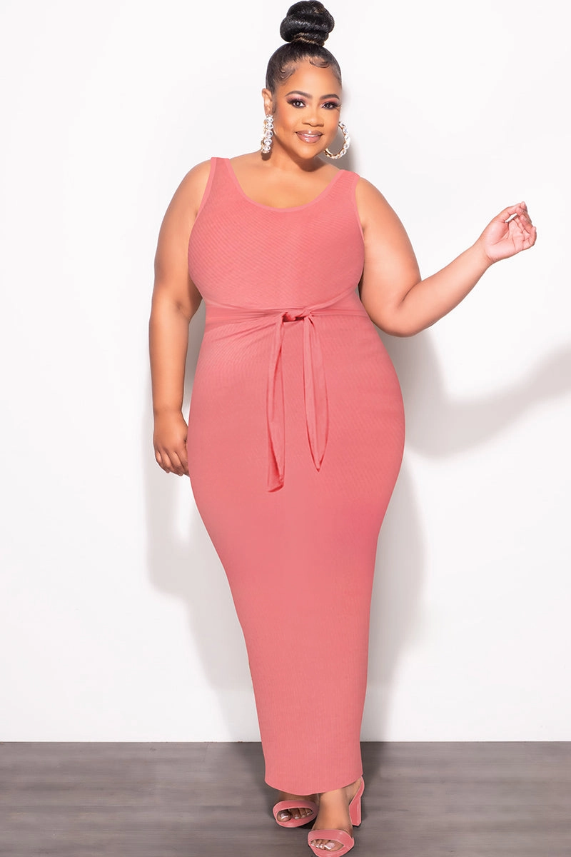 Final Sale Plus Size Sleeveless Maxi Dress with Waist Tie in Mauve Modern Utility