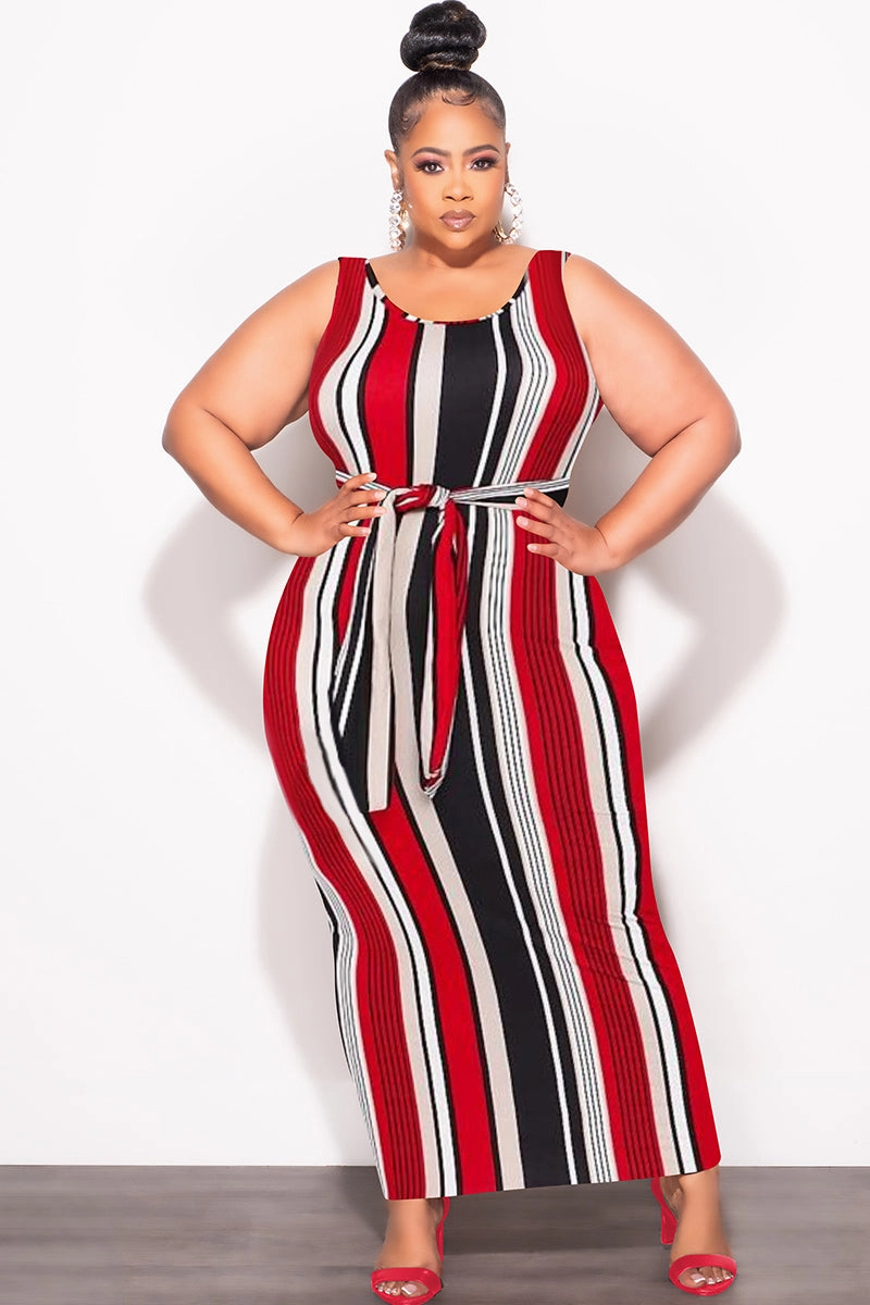 Final Sale Plus Size Sleeveless Maxi Dress with Waist Tie in Red Black and White Stripe Print RecyclablePackaging