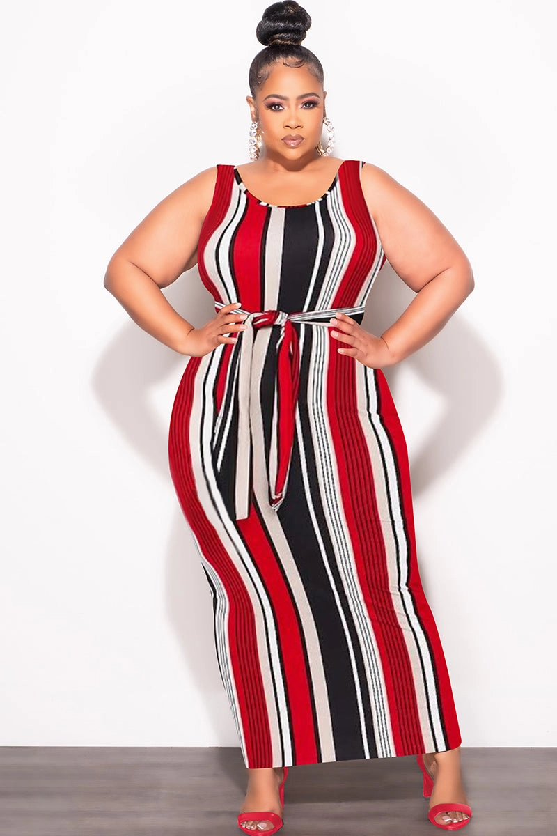 All terrain Final Sale Plus Size Sleeveless Maxi Dress with Waist Tie in Red Black and White Stripe Print