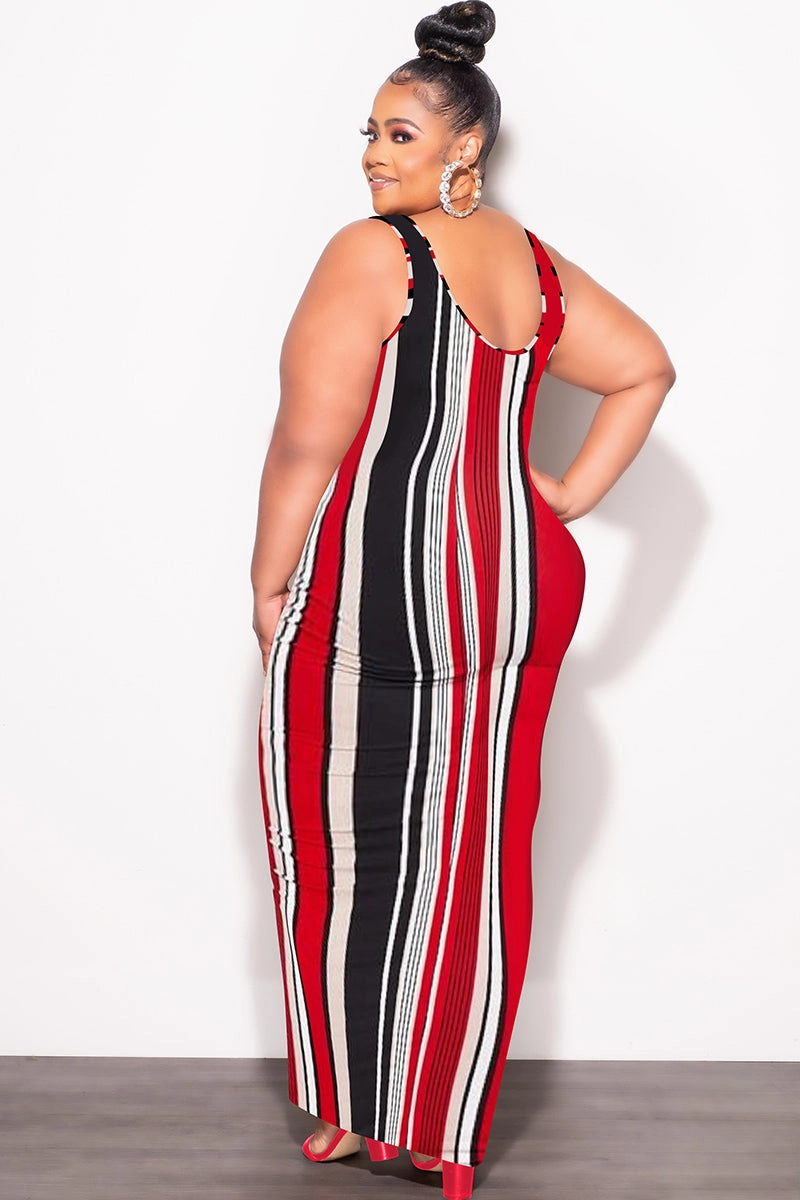 SoftCottonBlend Final Sale Plus Size Sleeveless Maxi Dress with Waist Tie in Red Black and White Stripe Print