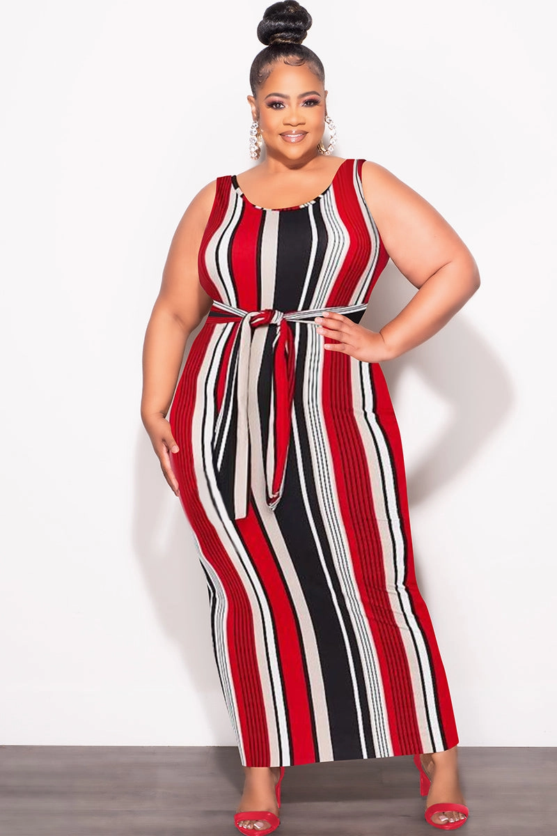 Final Sale Plus Size Sleeveless Maxi Dress with Waist Tie in Red Black and White Stripe Print Dynamic Fit Durable Construction